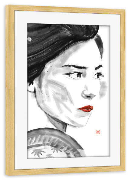 Poster mit Rahmen kiefer "Nahaufnahme Geisha" artboxONE - Menschen,Reise / Asien - Geisha,Sumie,Japan,Frau