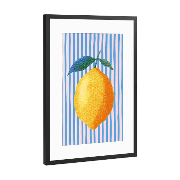Poster mit Rahmen Schwarz (Metallic) "Streifenkunst mit Zitrone" artboxONE - Natur,Geometrie,Essen & Trinken / Obst & Gemüse