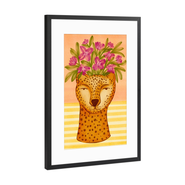 Poster mit Rahmen Schwarz (Metallic) "Cheetah head flower pot" artboxONE - Floral,Comic,Lustig
