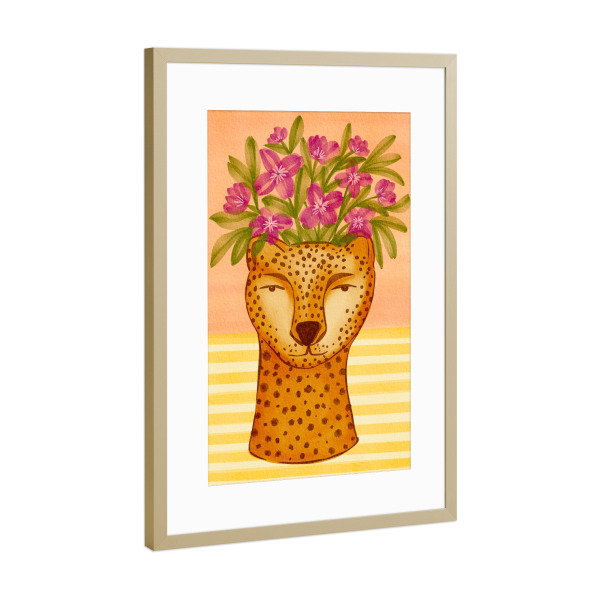 Poster mit Rahmen Gold "Cheetah head flower pot" artboxONE - Floral,Comic,Lustig