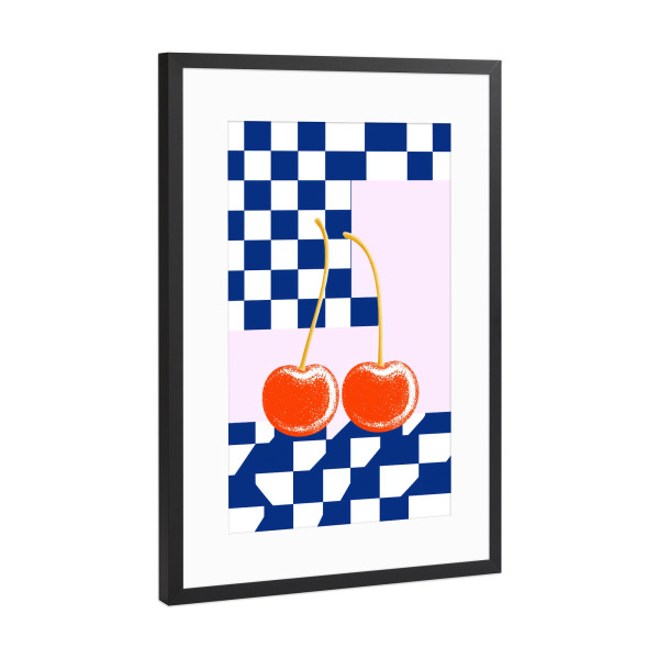 Poster mit Rahmen Schwarz (Metallic) "Schachbrett mit Kirschen" artboxONE - Natur,Geometrie,Essen & Trinken / Obst & Gemüse