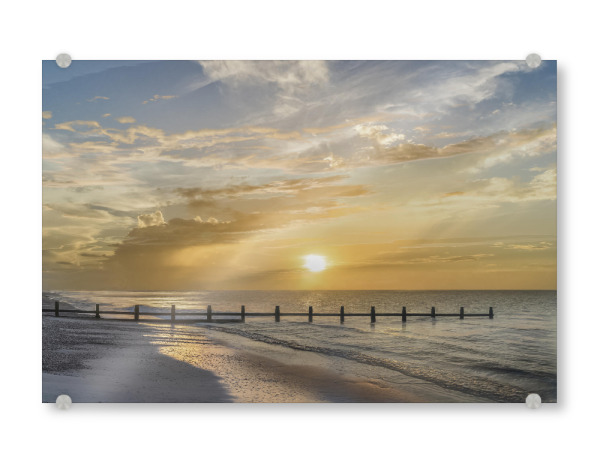 Acrylglasbild "Sunset Pier" artboxONE - Natur,Reise / Strand und Meer - Pier,Strand,Goldener himmel,Sonnenuntergang