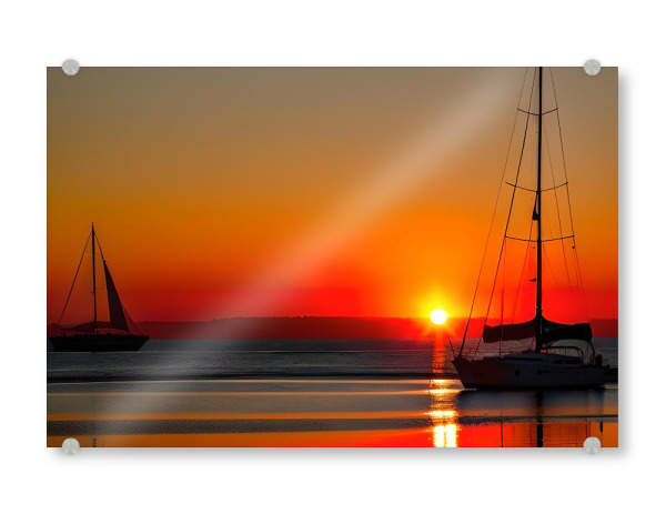 Acrylglasbild "Segelboote und Sonnenuntergang" artboxONE - Natur - Segelboote,Sonnenuntergang,Rot,Orange