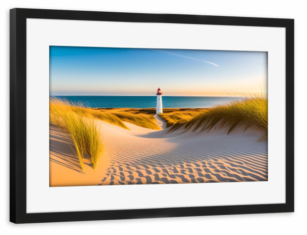 Poster mit Rahmen schwarz "Blaue See mit Leuchtturm" artboxONE - Natur,Reise,Reise / Strand und Meer - Bunt,Weiß,Leuchtturm,Blau,See