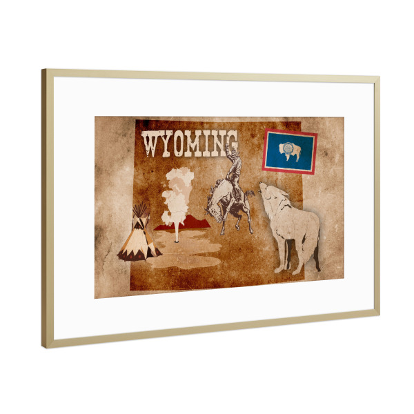 Poster mit Rahmen Gold "Wyoming illustrated Map" artboxONE - Reise,Für Kinder,Reise / Länder,Kartografie