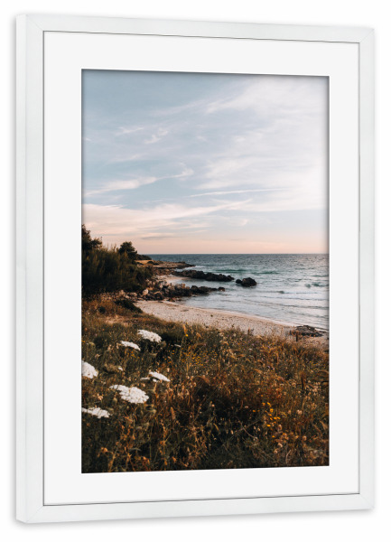 Poster mit Rahmen weiß "Ein Abend am Strand" artboxONE - Natur,Reise,Reise / Strand und Meer - Strand,Meer,Sonnenuntergang,Beach,Sunset,Ocean,Sea