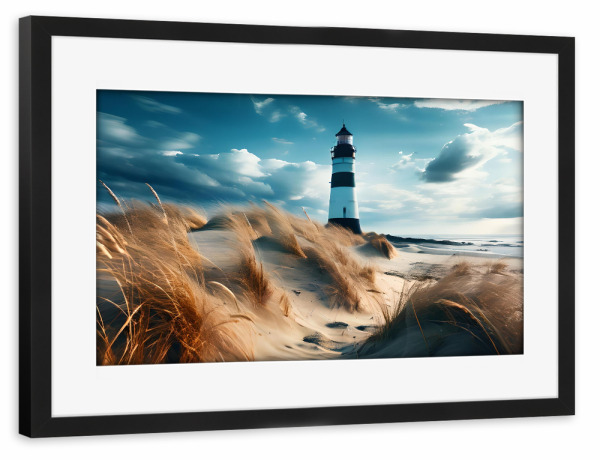 Poster mit Rahmen schwarz "Weißroter Leuchtturm" artboxONE - Natur,Reise,Reise / Strand und Meer - Leuchtturm,Küste,Nordsee,Blau,Wasser
