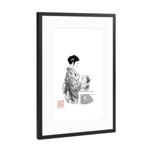Poster mit Rahmen Schwarz (Metallic) "Tee servieren" artboxONE - Menschen,Reise / Asien - Geisha,Sumie,Japan,Tee