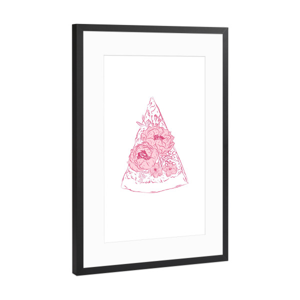Poster mit Rahmen Schwarz (Metallic) "Pizzastück mit Blumenmuster" artboxONE - Floral,Essen & Trinken