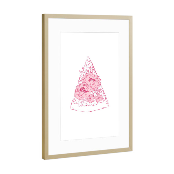 Poster mit Rahmen Gold "Pizzastück mit Blumenmuster" artboxONE - Floral,Essen & Trinken