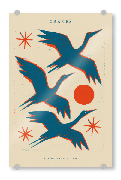 Acrylglasbild "Cranes Lithografie" artboxONE - Tiere,Abstrakt,Für Mama - Kranich,Vogel,Vögel,Japan,Lithografie,Kunst,Dekorativ,Tiere