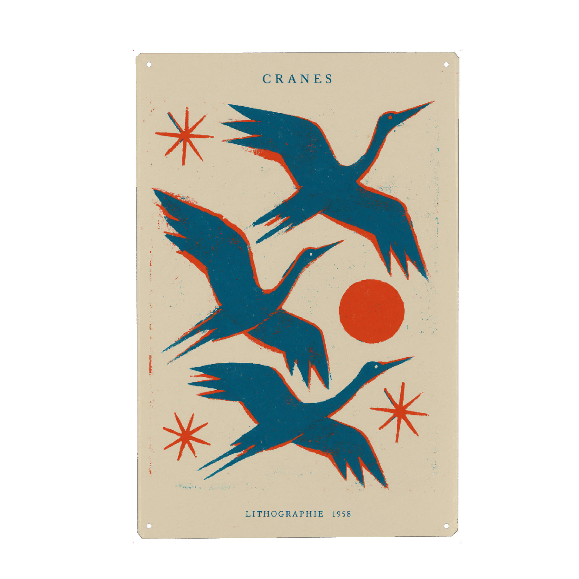 Metall Poster "Cranes Lithografie" artboxONE - Tiere,Abstrakt,Für Mama - Kranich,Vogel,Vögel,Japan,Lithografie,Kunst,Dekorativ,Tiere - Blechschild