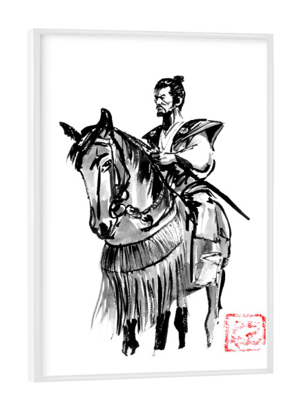 Poster mit weißem Rahmen "Samurai auf einem großen Pferd" artboxONE - Tiere,Schwarzweiß,Reise / Asien,Männer - Samurai,Pferd,Sumie,Japan