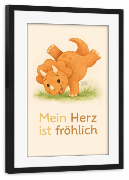 Poster mit Rahmen schwarz "Affirmation Dino fröhliches Herz" artboxONE - Für Kinder,Tiere
