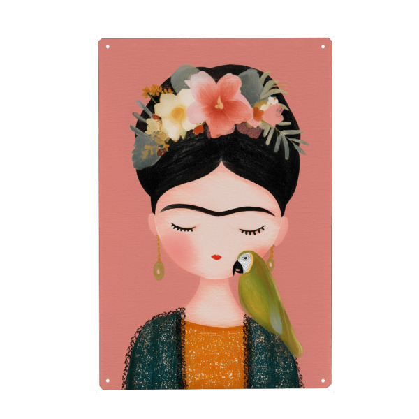 Metall Poster "Kleine Frida mit Papagei" artboxONE - Floral,Für Kinder,Tiere
