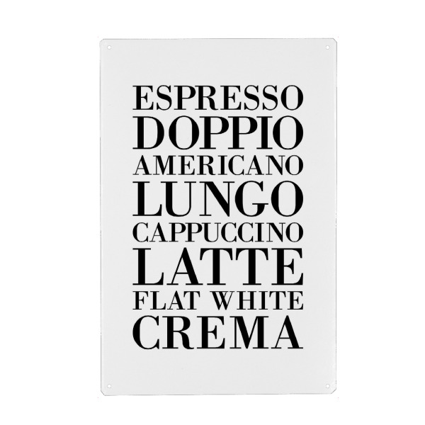 Holzbild "Kaffeesorten Typografie" artboxONE - Typografie,Essen & Trinken - Kaffee,Cafe,Coffee,Gastronomie,Espresso,Cappuccino,Latte,Crema,Lungo