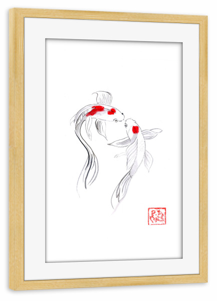 Poster mit Rahmen kiefer "2 Koi" artboxONE - Tiere,Reise / Asien - Koi,Karpfen,Sumie,Japan,Fisch