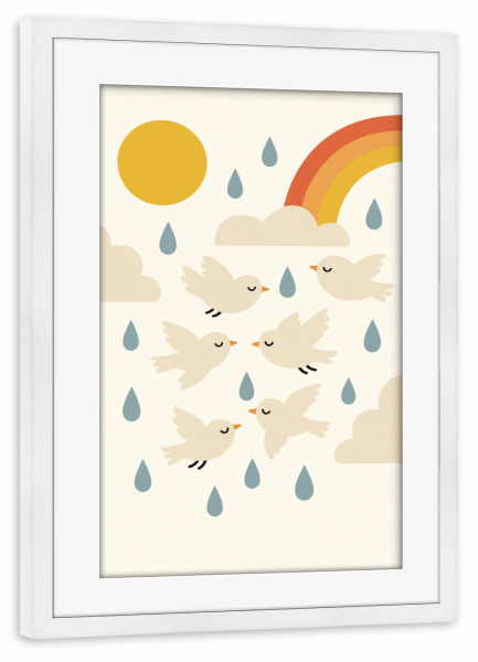 Poster mit Rahmen weiß "Birds In Rain" artboxONE - Für Kinder,Tiere,Für Mama