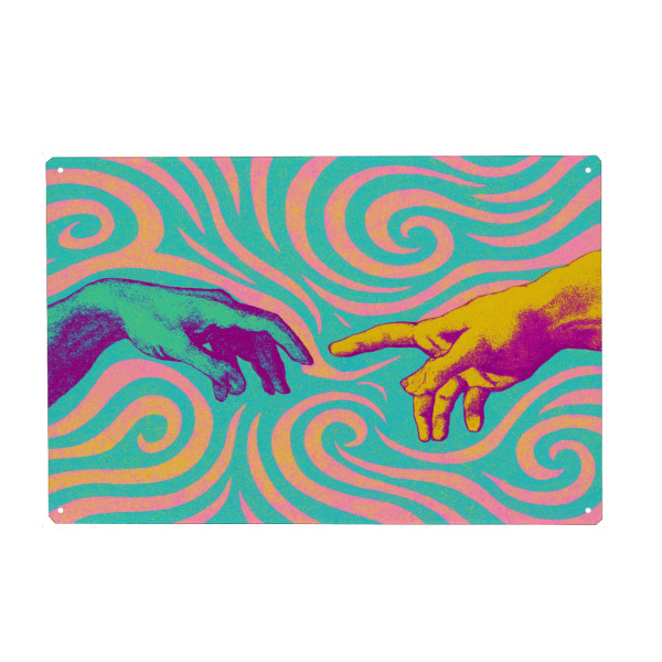 Metall Poster "The Touch (Neon Edition)" artboxONE - Abstrakt,Für Mama,Für Papa - Alte meister,Dekorativ,Hände,Neon,Michelangelo - Blechschild