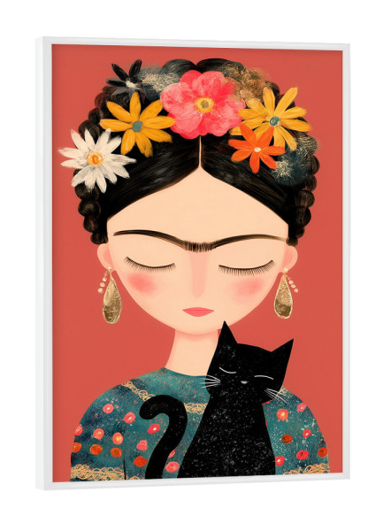 Poster mit weißem Rahmen "Kleine Frida mit Katze" artboxONE - Floral,Tiere,Menschen