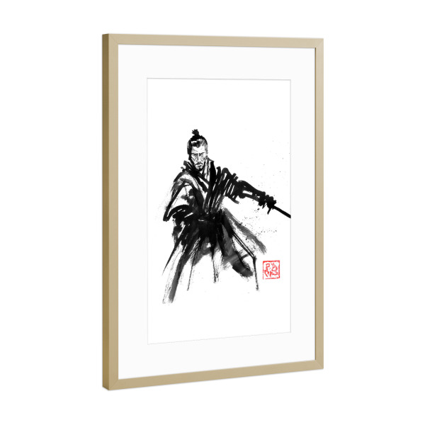 Poster mit Rahmen Gold "Schwert wird gezeichnet" artboxONE - Reise / Asien,Männer - Samurai,Sumie,Japan