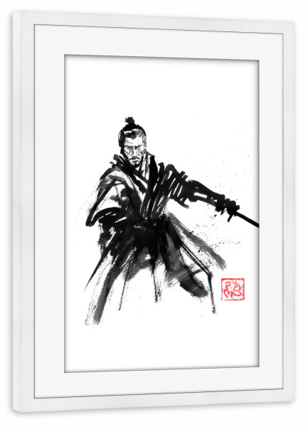 Poster mit Rahmen weiß "Schwert wird gezeichnet" artboxONE - Reise / Asien,Männer - Samurai,Sumie,Japan