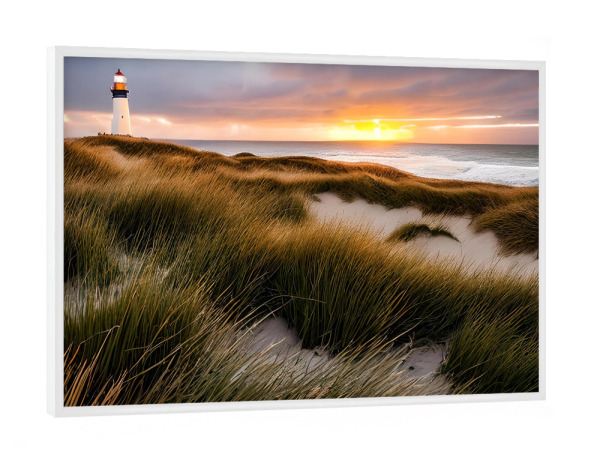 Poster mit weißem Rahmen "Weißer Leuchtturm" artboxONE - Natur,Reise,Reise / Strand und Meer - Leuchtturm,Gras,Westküste,Licht