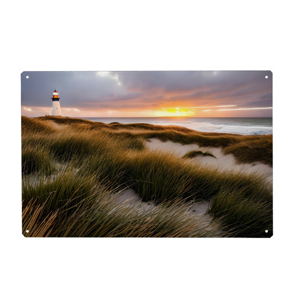 Metall Poster "Weißer Leuchtturm" artboxONE - Natur,Reise,Reise / Strand und Meer - Leuchtturm,Gras,Westküste,Licht - Blechschild