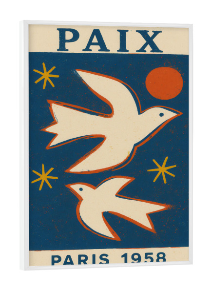 Poster mit weißem Rahmen "L`Paix" artboxONE - Tiere,Abstrakt,Für Mama - Vogel,Vintage,Illustration,Sterne,Sonne,Dekorativ,Kunst,Paix,Treechild,Taube