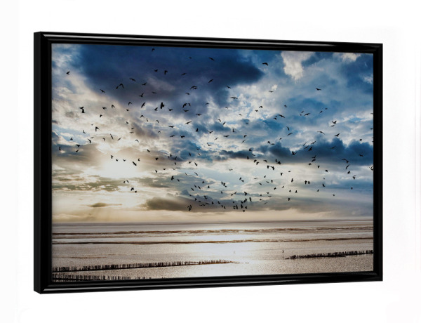 Poster mit schwarzem Rahmen "Wattlandschaft mit Vogelschwarm" artboxONE - Natur,Reise,Reise / Strand und Meer
