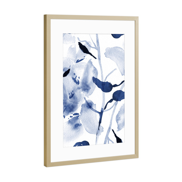 Poster mit Rahmen Gold "Danushka - Delicate Blue Florals" artboxONE - Floral,Abstrakt - Floral,Botanik,Aquarell,Vogel,Wasserfarbe,Natur