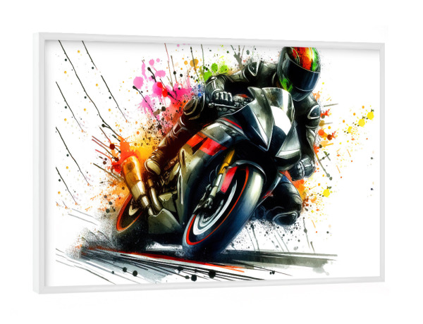 Poster mit weißem Rahmen "Motorradfahrer mit Spritzer" artboxONE - Sport / Motorsport