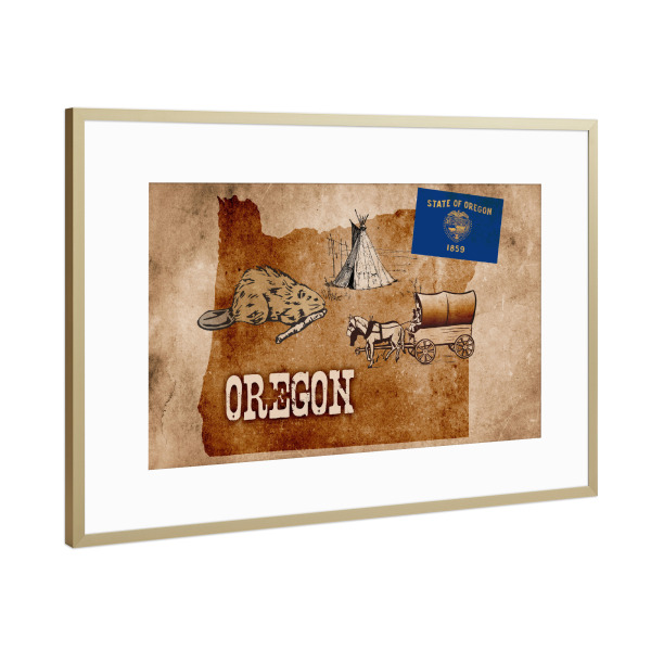 Poster mit Rahmen Gold "Oregon illustrated Map" artboxONE - Reise,Für Kinder,Reise / Länder,Kartografie