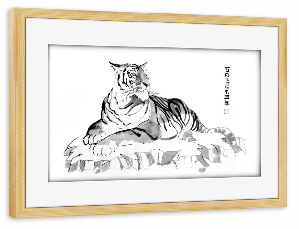 Poster mit Rahmen kiefer "Ishi no ue nimo san nen" artboxONE - Tiere,Schwarzweiß,Reise / Asien - Tiger,Sumie,Stein,Japan,Tier