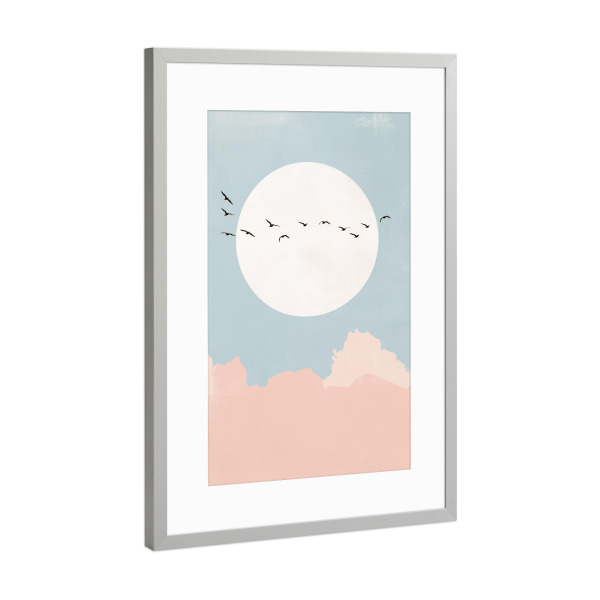 Poster mit Rahmen Silber "Vögel am rosa Horizont" artboxONE - Natur,Tiere,Geometrie