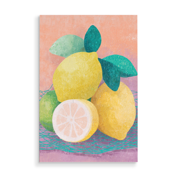 Holzbild "Zitronen Akzente mit Netz" artboxONE - Natur,Abstrakt,Essen & Trinken / Obst & Gemüse
