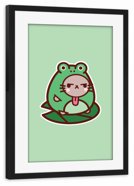 Poster mit Rahmen schwarz "Froschkatze" artboxONE - Tiere,Lustig - Süße katze,Frosch,Kawaii,Lustige katze,Lustige tiere,Teenager,Kinder,Grün
