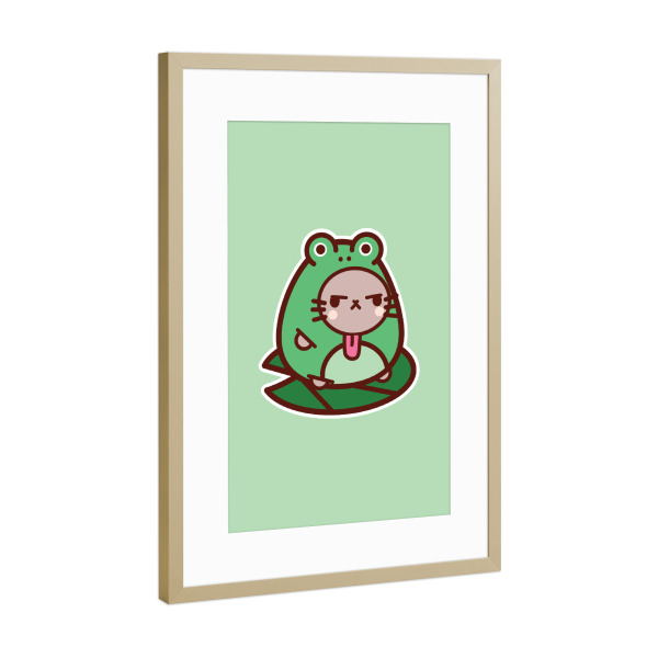 Poster mit Rahmen Gold "Froschkatze" artboxONE - Tiere,Lustig - Süße katze,Frosch,Kawaii,Lustige katze,Lustige tiere,Teenager,Kinder,Grün