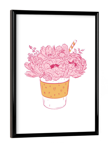 Poster mit schwarzem Rahmen "Tasse zum Mitnehmen Blumen" artboxONE - Floral,Essen & Trinken