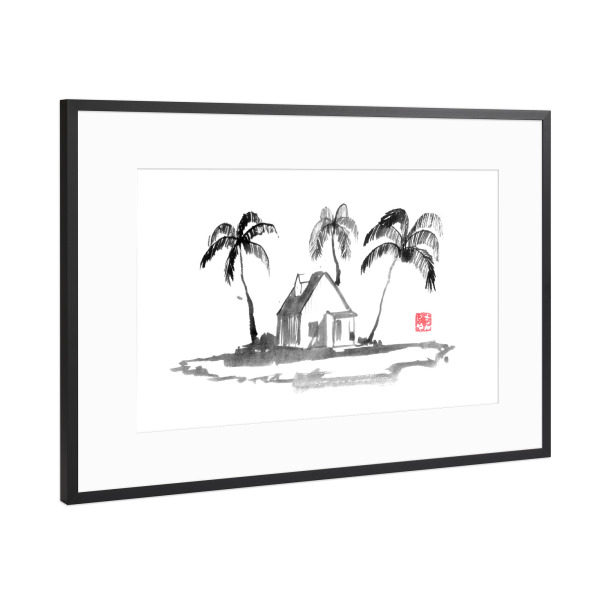 Poster mit Rahmen Schwarz (Metallic) "Inselpalmen" artboxONE - Reise / Strand und Meer - Insel,Haus,Palmtrees,Sumie,Japan