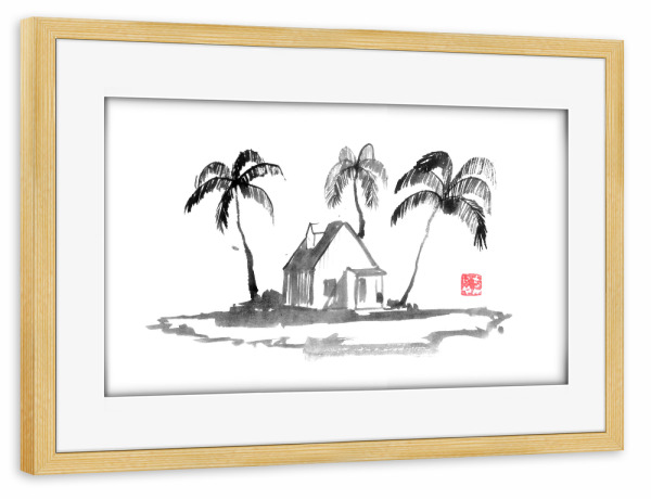 Poster mit Rahmen kiefer "Inselpalmen" artboxONE - Reise / Strand und Meer - Insel,Haus,Palmtrees,Sumie,Japan