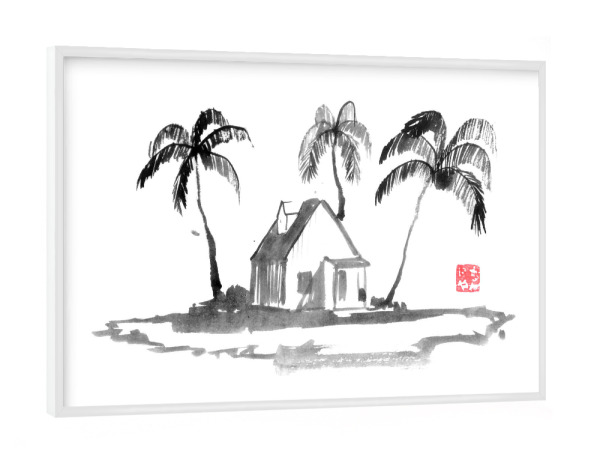 Poster mit weißem Rahmen "Inselpalmen" artboxONE - Reise / Strand und Meer - Insel,Haus,Palmtrees,Sumie,Japan