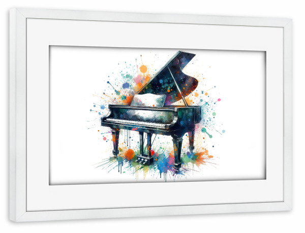 Poster mit Rahmen weiß "Grand Piano mit Aquarell" artboxONE - Abstrakt,Musik - Grand piano,Aquarell,Musik,Kunst,Farbenfroh,Spritzer,Instrument,Malerei