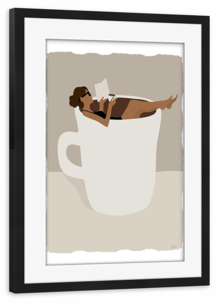 Poster mit Rahmen schwarz "Morgenkaffee i" artboxONE - Essen & Trinken,Menschen - Kaffee,Lesen,Bücher,Entspannend,Faulenzen
