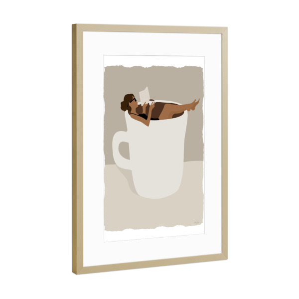 Poster mit Rahmen Gold "Morgenkaffee i" artboxONE - Essen & Trinken,Menschen - Kaffee,Lesen,Bücher,Entspannend,Faulenzen