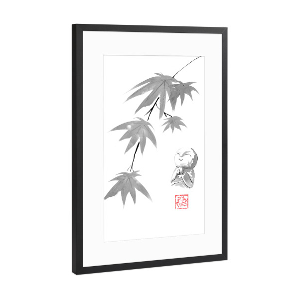 Poster mit Rahmen Schwarz (Metallic) "Maple und Jizo" artboxONE - Schwarzweiß,Reise / Asien - Jizo,Statue,Sumie,Japan,Maple