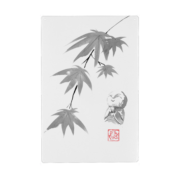 Metall Poster "Maple und Jizo" artboxONE - Schwarzweiß,Reise / Asien - Jizo,Statue,Sumie,Japan,Maple - Blechschild