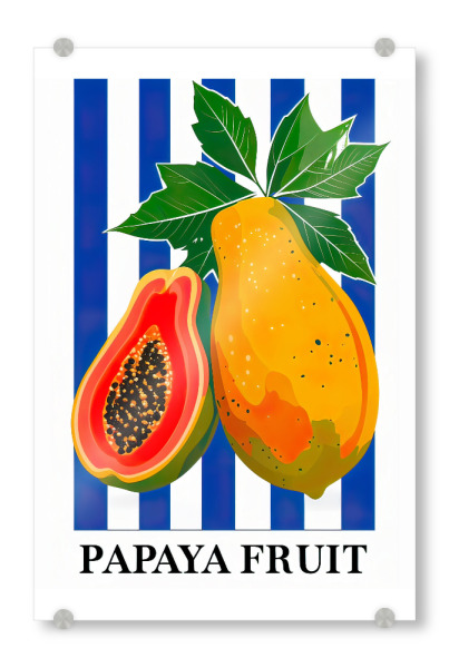 Acrylglasbild "Papaya Frucht b" artboxONE - Fashion - Papaya,Obst,Stillleben,Tropische,Blaue streifen,Gelb,Rot,Blätter,Nahrung,Illustration