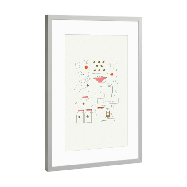 Poster mit Rahmen Silber "Kaffeemaschine" artboxONE - Essen & Trinken - Kaffee,Bohne,Café,Bio,Getränk,Shop,Pack,Paket,Container,Maschine,Ausrüstung