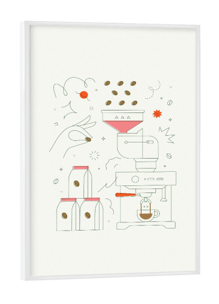 Poster mit weißem Rahmen "Kaffeemaschine" artboxONE - Essen & Trinken - Kaffee,Bohne,Café,Bio,Getränk,Shop,Pack,Paket,Container,Maschine,Ausrüstung